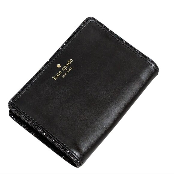 Kate Spade NY Wallet black Tellie leather glitter organizer billfold Tab close - Picture 8 of 8